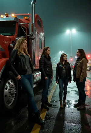 A group of adult women, (25+), stands together at a remote American truck stop in the middle of the night, talking quietly among themselves. Their body language is rough, grounded, and intimidating, as if they belong to this place. Nothing is glamorous — everything feels raw and dangerous.

The women wear rugged, worn clothing, soaked leather jackets, dirty denim, heavy boots, hoodies and flannel layers. Their clothes are wet from rain, heavy and dark. Hair hangs loose, wet and tangled, sticking to their faces and necks. Their expressions are hard, alert, instinctive, with an undercurrent of aggression and survival.

One woman leans against a massive American long-haul truck, (Peterbilt / Kenworth style), . One arm rests on the chrome side panel, one leg bent casually, boot pressed against the truck. The truck is extremely customized and pimped, aggressive custom paint, heavy chrome, bull bar, side pipes, extra air horns, LED underglow beneath the cab. The truck feels almost alive, like a steel beast dominating the scene.

The atmosphere is paranormal and oppressive. Thick mist rolls low across the rain-soaked asphalt, mixing with steady rainfall slanting through the light. Water droplets streak across metal and skin. Shadows shift strangely in the fog, as if something unseen is moving just beyond visibility. The threat feels real but undefined.

The truck stop is lit by flickering streetlights and the harsh, unnatural glow of the truck’s lights. Wet asphalt reflects long, distorted streaks of light. Other trucks loom in the background as dark silhouettes, half swallowed by fog. Engines idle in the distance, adding to the tension.

Camera, low to eye-level, wide cinematic framing, slightly distorted perspective.
Lighting, high contrast, cold blue-green tones mixed with dirty orange light, volumetric fog and rain.
Style, cinematic hyper-realistic photography, gritty neo-noir, subtle paranormal tone, no illustration, no CGI look.
Quality, extreme detail, visible rain droplets, wet metal, skin texture, asphalt reflections, RAW photo look, 8K realism.

Mood, very rough, dangerous, paranormal, lawless, heavy tension, underground American night.

Strictly adult. No minors. No fantasy creatures. No stylization.