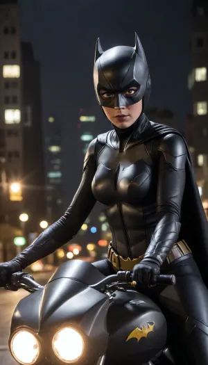 futuristic, in town, night, Batgirl, chrome colour, (no hair), helmet with visor, masked face, cape, (the black eye tour:1.5), riding the batmoto