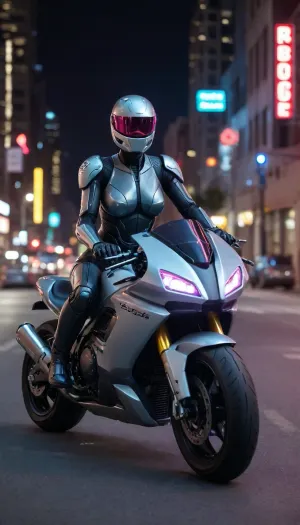 futuristic, in town, night, neons, female Robocop, (no hair), helmet with visor, riding big futuristic motor, sexy pose, lying forward on the motorcycle