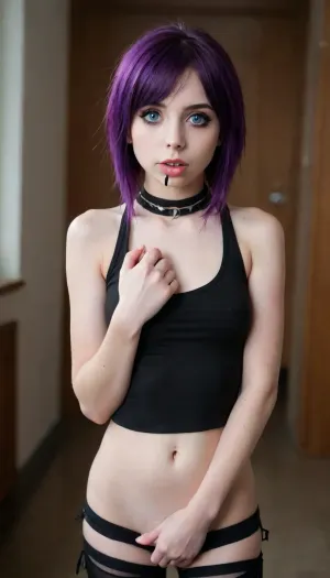 ((little young adult girl:1.7)), (((miniature stature))), (sexy small breasts), no panties, (((young:1.7))), ((cute:1.6)), ((shaved pussy)), (young face), full Body, (big blue eyes), ((loving look)), skinny, shy, (((((emo girl, septum, alt mockup)))))