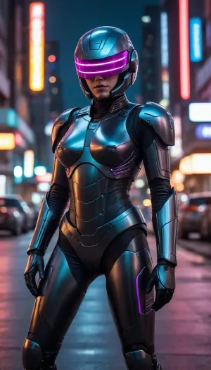 in future town, night, neons, female Robocop, metallic color, black armor, (no hair), helmet with visor