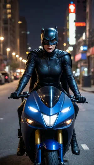 futuristic, in town, night, Batgirl, chrome colour, blue armor, (no hair), helmet with visor, masked face, cape, (the black eye tour:1.5), riding the batmoto, blue motorcycle