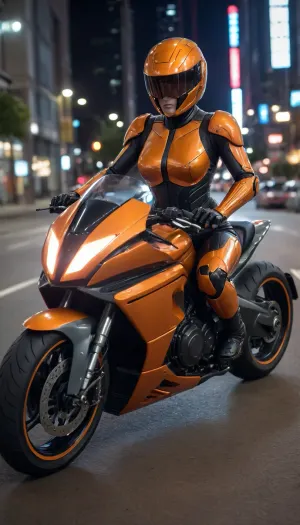 futuristic, in town, night, neons, female Robocop, orange armor, (no hair), helmet with visor, riding big futuristic orange motor, sexy pose, lying forward on the motorcycle