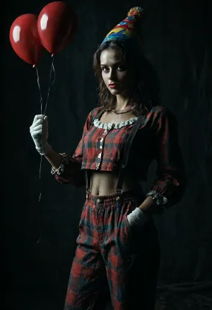 A highly detailed, photorealistic depiction of a perfect female clown with a silent smile, set against a neutral background. She has a perfectly made-up face, featuring vibrant clown makeup, and a round, red foam nose. Her wig is curly and bright red, topped with a funny, colorful hat. She wears an oversized jacket with large buttons and a pocket from which colorful handkerchiefs peek out. Underneath, she wears a bright, patterned shirt with a deep neckline, and oversized, baggy plaid pants held up by suspenders. The pants are slightly sagging, revealing her hip bones, and she is bare-midriff. Her shoes are large, black-and-white, and several sizes too big, and her outfit is completed with white gloves. In one hand, she holds a balloon, and from her pockets, you can see a candy cane and a rubber duck hanging from a string. The clown has a slender figure, large bust, and the entire scene is richly detailed, with high resolution showing skin texture, fabric weave, and lighting that highlights her hair from behind, PiRe, longnips, <lora:MJ52:.5>, <lora:dark:.1>, <lora:crowd_notrigger:1.1>, <lora:detailed_notrigger:.9>, <lora:longnipsxl:.8>