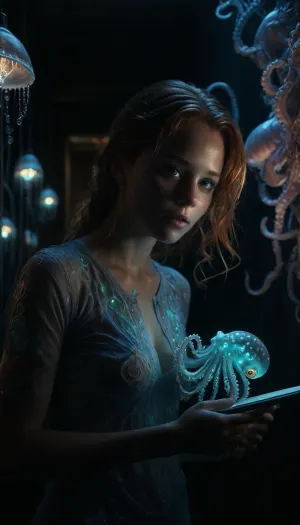A highly detailed, photorealistic scene of a 30-year-old attractive, confident deep-sea researcher in her underwater laboratory, standing in a corridor filled with aquariums showcasing various glowing deep-sea creatures, (including glowing octopuses and glowing lantern fish:1.3), (mystic glow:1.7), (the researcher holds a clipboard in one hand:1.2), (leaning slightly forward:1.2), (wearing a low-cut top:1.2), adding a hint of allure, she makes notes about the glowing green octopus in front of her, the octopus luminescent, phosphorescent, with detailed suckers and large eyes, the environment rich with small details like microscopes, lab tables, and dim lighting, large windows reveal the vast underwater world outside, every detail meticulously rendered, from her face, hands, and nose to the intricate patterns on the octopus and the lab, creating a captivating and immersive atmosphere, (her hard nipples are visible on her shirt:1.4), (The scene is hyperrealistic:1.4), (capturing every detail:1.4), (from the fine textures of the glowing octopus:1.3), to the complex emotions visible on her face, (perfect rendered clever face:1.4), (perfect rendered fingers:1.4), The entire composition blends joyful celebration with deep sea and human science, (photorealistic:1.5), creating a visually stunning and powerful imagem, (maximum detail), (super realistic photo:1.4), DonMSp3ctr4lXL, holotech, <lora:DonMSp3ctr4lXL-000008:2>, <lora:dark:2>, <lora:detailed_notrigger:2>, <lora:Holotech:2>, <lora:photorealistic_portrait_notrigger:1.9>