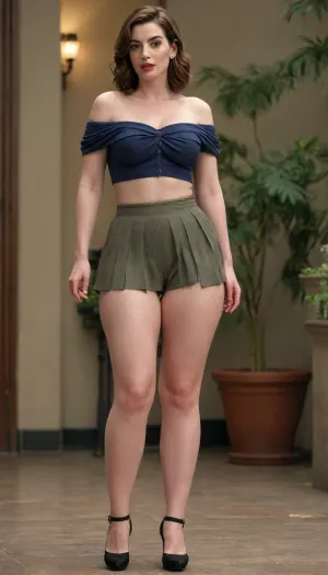Anne Hathaway type woman, curvy body, hourglass body, (thick thighs:1.6), (thick hips:1.6), (huge Teardrop breasts:1.12), ((wearing a off the shoulder crop top)), (wearing a pleated mini skirt), full body view