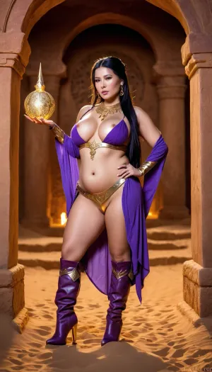 High-quality, highly detailed, cinematic, 8K, HD photo, MASTERPIECE.
Inspired by Li Ming from Diablo, Diablo III wizard outfit, ((very detailed face)), chubby woman, (plump, thin waist), long black hair, very long ponytail, medium breasts, pink areolas, erect nipples, shaved vagina, camel toe vagina, open vagina, purple mage dress, (((very long gold nipple piercings))), (raising her hand to perform a spell), girl wears many gold jewels on her body, blue lights emanating from her hands, invoking blue magic, exposed vagina, (((elegant purple high boots))), ((location, inside a tomb in the desert)), eyes glowing with lilac light, bright