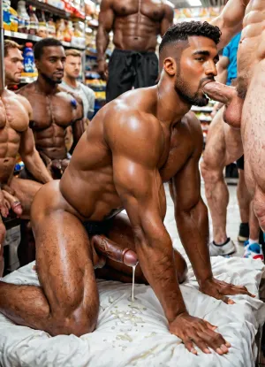 1 naked Muscular dark-skinned Pakistani man, view from the side, bending over on a crowded supermarket, on all fours, interracial gay gangbang, hatefuck, multiple naked muscular white men, multiple naked muscular black men, spit-roasted, sucking multiple cocks, anal sex, cocks cumming all over white naked man, naked white muscular men watching, nude black muscular men watching, watching, dressed men passing by, deepthroating cock, huge cocks, huge balls, very hairy legs, very hairy arses, very hairy genitalia, very hairy chests, cum on face, cum on arse, show fully and clearly all men participating in the scene
