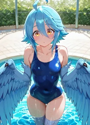 Papi, (Monster Musume), . Petite harpy monster girl, shot blue hair, tight ripped school swim suit.

Splashing around in the swimming pool, surprised, bashful, blushing.

Sunny day, bright vibrant lighting, clear photo.