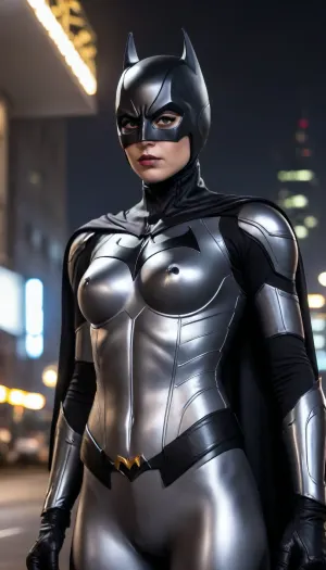 futuristic, in town, night, Batgirl, chrome colour, silver armor, (no hair), helmet with visor, masked face, cape, (the black eye tour:1.5)