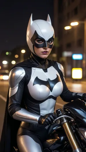 futuristic, in town, night, Batgirl, chrome color, white armor, (no hair), helmet with visor, masked face, cape, (the black eye tour:1.5), riding the batmoto, white motorcycle