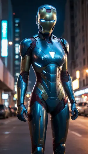 futuristic, in town, night, neons, female Ironman, chrome colour, blue armor, (no hair), helmet with visor, masked face