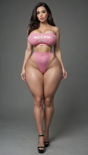 brunette bimbo type woman, curvy body, ((extremem hourglass body)), bimbo heavy makup, thick lips with pink lip gloss on them, (thin waist:1.1), (thick thighs:1.6), (thick hips:1.6), (huge silicone east west breasts:1.3), ((sexy under wear)), full body view