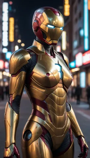futuristic, in town, night, neons, female Ironman, chrome colour, golden armor, (no hair), helmet with visor, masked face