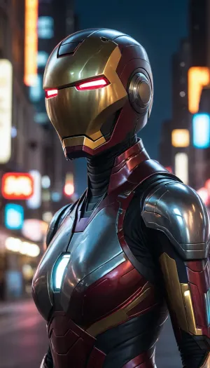 futuristic, in town, night, neons, female Ironman, chrome colour, black armor, (no hair), helmet with visor, masked face