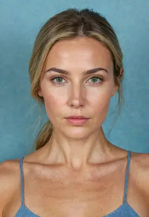 full face head and shoulders portrait of a caucasian woman aged 28-32, entire face fully visible in natural proportions, fair warm-toned skin with visible real pores on cheeks forehead and nose, natural realistic skin texture with subtle fine lines around eyes and forehead, light crow's feet at outer eye corners, slight hooding on upper eyelids with soft natural crease, almond-shaped eyes slightly downturned at outer corners, blue-green hazel iris with detailed realistic texture dark limbal ring and natural color variation, medium natural eyebrows with soft arch visible individual hairs and slight asymmetry, straight nose with rounded tip average width, full natural lips with defined cupid's bow, oval face shape high cheekbones soft jawline slightly prominent chin, long straight blonde hair with light brown roots framing the face, detailed facial anatomy realistic rendering, high resolution 8k ultra detailed, masterpiece best quality sharp focus on full face and shoulders, (full portrait composition:1.6), (entire face in frame:1.5), (photorealistic natural skin texture:1.4), (subtle fine lines and pores:1.3), (accurate eye shape blue-green color:1.4), (proportional realistic face:1.4), (no makeup:1.3)