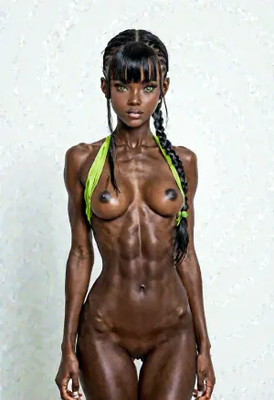black skin, skinny, shoulder-length straight hair with straight-cut bangs, breasts size B, perky nipples, wide hips-8, green sports braid