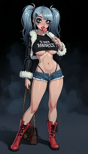 reiq meets innv and Jack cayless art style, full view, view from side, (MILF bimbo whore), skinny feminine, thin pigtails clips, super heavy makeup, rings chains piercings, glossy lipstick big bimbolips, eyeliner bluegreen, hips side, sqeezing hardcore own breast, super long amazing legs, extra big plateau boots, cameltoe hairy pussy clothes, hot micro dolphin shorts shiny pastel light blue, thong strap, shiny reflections underboob sagging, super waist, flashing long nipple, fluffy pink fur jacket, eating sexual thick candy penetrating wet anus deep anal, liquit dripping mouth on chest, handbag, summer wall corner red LEDlights blinking letters GIRLS GIRLS GIRLS, perfect illumination, ratatatat74, <lora:LCMTurboMix_Euler_A_fix:1.4>, <lora:EnvyBeautyXL02:1>, <lora:mk_Bp Anime_xl:1>, <lora:EnvyAnimeDigitalPaintingXL01:1>, <lora:ratatatat74-000050:1.9>