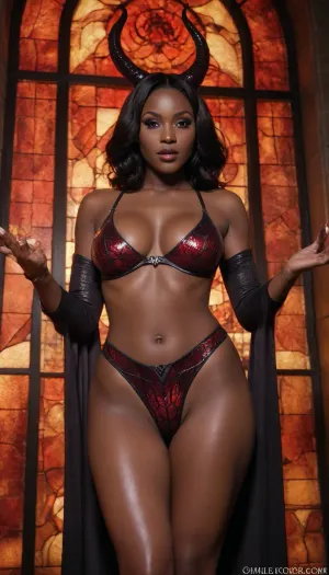 thick dark skin milf, smirking, Viper GTS Succubus coven, in front of the burning stained glass portal to hell, hentai, softcore, thick legs, eye shadow, high fantasy, low lighting
