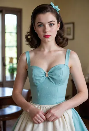 Masterpiece, Adorable cute 18 year old with freckles and lots of pimples, (acne:.8), (pimples:.8), long dark brown hair in 1950’s roller hairstyle, bow in hair, 1950’s dress with hoop skirt, thick eyebrows, thin eyelids, wide lips, upturned upper lip, bending forward, visible downblouse, small breasts, hourglass figure, round hips