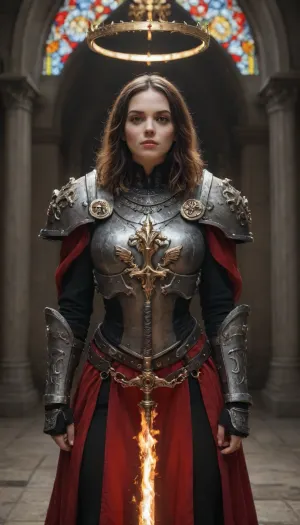 Beautiful but battle-hardened Adepta Sororitas, Sister of Battle from Warhammer 40k. Strong and elegant female warrior, pale skin with flawless features, sharp eyes burning with holy zeal. Wearing ornate black and silver powered armor adorned with purity seals, fleur-de-lis insignias, and red robes flowing beneath the armor. Short-cropped or shoulder-length hair, halo of divine light or glowing eyes symbolizing her faith. Armed with a bolter or flaming sword, standing amidst a ruined cathedral battlefield with stained glass shattered and holy fire burning. Ultra-realistic grimdark gothic art, highly detailed, cinematic lighting, epic and sacred atmosphere.