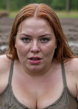 fat woman with thick, large, round lips, long red hair, muddy hair in her face, very sweating, wet, very hot, wet face, swamp, sinking in deep mud in a mud hole, happy, completely covered with mud, <lora:Chubby BBW - XL:1.9>, <lora:runga_8.1-000002:1.8>