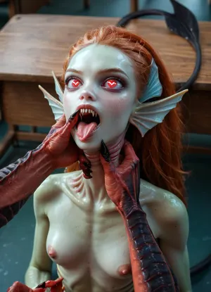 ((((((1 nude petite sexy female gymnast being possessed by a demon)), demon is grabbing the gymnasts throat), (pale skin), (heart-shaped pupils:1.3), (sexy toned body:1.2), (tail:1.3), petite sexy ginger sea alien woman), nude, (fish fins on her spine), fin hands, (webbed fingers)), fins on arms, in a classroom, (fish fin on spine)), <lora:SDXL_Human_Male_Furry_Female:.8>, alienailf, <lora:Aliens_AILF_SDXL:.8>