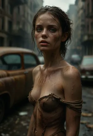 In a post-apocalyptic cityscape, a breathtakingly beautiful 25-year-old woman, now a zombie, roams the deserted streets. Her figure remains striking, with her former beauty still evident despite signs of decay. Her skin shows intricate details of decomposition, while her eyes remain hauntingly clear and captivating. She wears a form-fitting, knee-length dress, torn and dirty from the harsh environment, blending decay with remnants of elegance, The background features a ruined urban landscape, with crumbling buildings, broken windows, and overgrown vegetation, illustrating nature reclaiming the world. Wisps of smoke and abandoned cars add to the atmosphere, creating a stark contrast between destruction and the resilience of nature. The scene is rendered with extreme detail, focusing on the contrast of beauty and decay, making the image both haunting and mesmerizing, ultra-sharp details, realistic skin texture, refined contrast, 8k detail, authentic facial expression, clean composition, (maximum photo quality:1.4), (maximum resolution:1.5), delicate face, closed eyes, (perfect lit pussy:1.4), wet body monsoon rain, cloudy, smoke, atmospheric, clouds, fog, <lora:DetailedEyes_V3:.7>, <lora:Cloudy_Style:.1>, <lora:MJ52:.4>