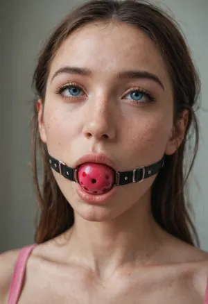 (close-up shot:1.2), of a, (woman:1.1), (with a pink leather ball gag:1.3), her mouth agape, ((eyes looking up)), 1.1, (bare shoulders and cleavage:.9), (cleavage:.8), . Brown hair, natural skin texture, detailed nipples.
soft studio lighting, shallow depth of field, warm color grading.
photorealistic, clear focus, high resolution, detailed, sharp focus.