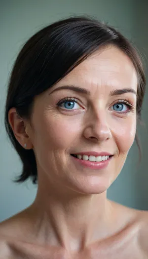 Subject, a woman 90 year old with head and shoulders visible, (bare), profil view.
Light blue eyes, square face. Long nose and very hooked and pointed, thin lips, smiling. Black hair, boyish cut with bangs. Ear, one ear is visible on the left side of the image. Skin, fair complexion visible on the neck and upper shoulders. Background, light-colored wall. Light, soft and natural lighting, no sharp shadows.