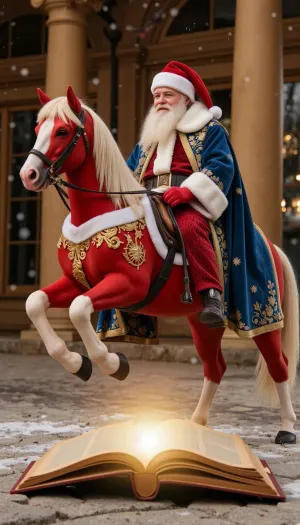 (masterpiece:1.2), (high quality:1.2), photorealistic, detailed, (Santa Claus on a red horse:1.1), (winter clothes:1.2), (blue velvet cloak with gold embroidery:1.2), (white fur inserts:1.1), (red hat with pompom:1.1), (white beard:1.1), (rich gold jewelry on horse:1.1), (white mane and tail:1.1), (open book:1.2), (horse neighing over open book:1.2), (close-up), ((glowing effect of book:1.1)), (falling snow:1.1), (columns in background:1.1), (golden light:1.1), (deep focus), (emphasis on detail), (ornate), (charming), (festive)