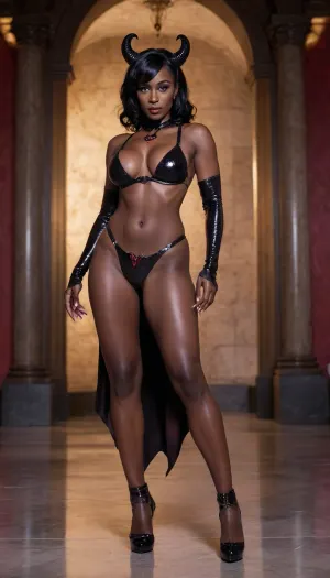 thick dark skin milf, smirking, black Viper GTS Succubus cosplay, marble chamber, hentai, softcore, thick legs, eye shadow, high fantasy, low lighting