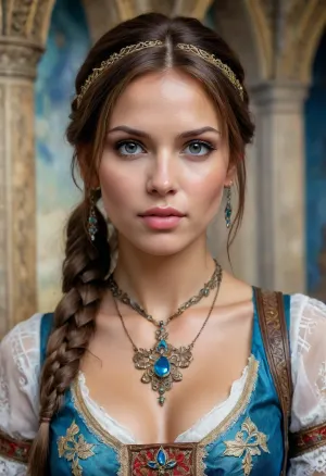 Lara Croft, Portrait of a Russian beauty in national costume, lace filigree of bright, rich color. Super clear, highly detailed watercolor, glaze technique, plus colored alcohol ink, style of V. Vasnetsov