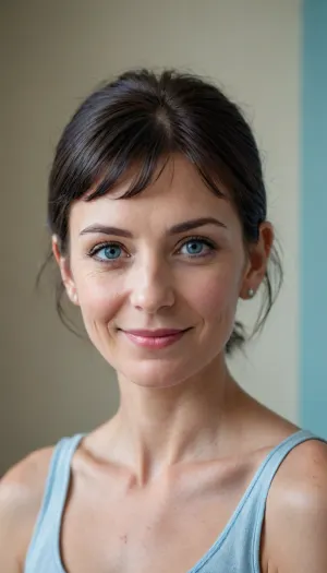 Subject, a woman 90 year old with head and shoulders visible, (bare), three-quarter view.
Light blue eyes, square face. Long, very hooked and pointed nose, thin lips, smiling. Black hair, boyish cut with bangs. Ear, one ear is visible on the left side of the image. Skin, fair complexion visible on the neck and upper shoulders. Background, light-colored wall. Light, soft and natural lighting, no sharp shadows.