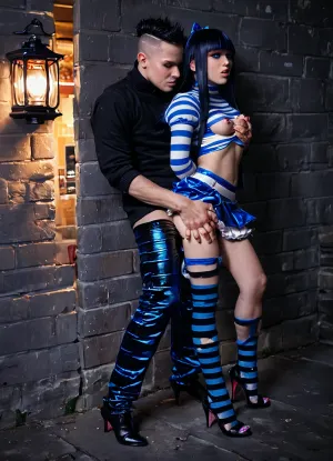 Super realistic, super detailed, super quality, ((1girl and 1men)), ((Full body)), (long black hair:1.1), (hair shaved side), (40yo man gropes girl from behind:1.4), the girl leans against the wall, (dressed as a slut with stocking heels and mini skirt:1.5), standing sex from behind, standing doggy style sex in the pussy, grabbing, metalbondage, ((Her medium breasts were exposed, hard erect nipples)), a very pert buttock, ((panties pulled down to the knees)), ((dark street with a lantern, night)), <lora:cfg_scale_boost:1.5>