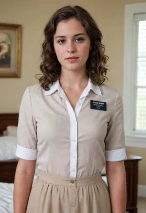 A beautiful 21 year old woman, American, perfect skin, Mormon missionary, short length brunette hair, wavy hair, wearing a plain and modest church dress, nametag, (unbuttoned:1.5), standing in a bedroom, <lora:Mormon_Sister_Missionary:.8>