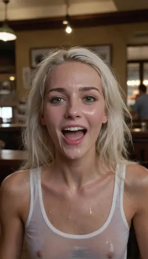 I cum on my pretty skinny Dutch girlfriend's face, 30s, 30 years old, pretty tall and skinny, long messy dirty white hair, she is having dinner sitting by a restaurant table, she is angry, thick white cum is dripping down her hair and her face, woman, cum, on, face, <lora:JustCum:1.6>, cum explosion, cum spray, cum is flowing down her hair, cum is flowing down her face, cum on her nose, cum in her eyes, cum on her shirt, skintight stained shirt, she looks happily surprised, smiling, leaking cum from her mouth