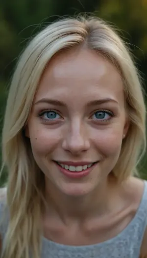 30yo skinny russian woman in high resolution, view from the top, 28 years old, blue eyes, freckles, slim, petite, with bleach blonde hair, black highlights, smiling face, smile, (top), very detailed eyes