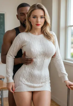 (Photorealistic masterpiece, best quality), (((interracial couple sex))), (Cover of a fashion magazine), ., 1woman, fully clothed, (beautiful:1.8), sexy 40yo, blonde, French, (curvy:1.7), ultra-wide hips, thick thighs, big bubble butt, shaved legs, soft skin, detailed asymmetrical face, bright blue eyes, long natural eyelashes, no skin blemishes, sexy big glasses, perfect heavy makeup, red lipstick, perfect covered breasts, (natural, medium, soft, teardrop breasts hidden inside clothing), protruding nipples, perfect detailed hands, red nails, (shining diamond ring), perfect pussy, wearing a short sweater-dress. Standing, sexy fucking, S-Curve modelling position, one leg slightly raised, leaning forward slightly, looking at the viewer to tease, hands resting on her own hips, standing doggystyle sex, (fucked from behind:1.5), by 1man, Black African, perfect detailed eyes, brown eyes, tall, muscular, standing behind her, male model face, attractive, modern male hairstyle, detailed masculine hands, his hands are groping her thighs. classroom doorway setting, soft natural lighting, bright windows in classroom, natural dynamic reflections, (Envy Shadow Minimalism XL 01), captured with a Leica M10, Leica Summilux 50mm f/1.4 lens, sharp focus, best shadow, score_9, score_8_up, 8K, UHD, clear image, extremely sharp, extremely detailed, extremely intricate detail, high res, ultra-high-definition, highly detailed, ultra-sharp textures, finely detailed, perfect skin texture, hyperrealistic lighting, professional photography, full dynamic range, deep contrast, high clarity, realistic depth of field, HDR, perfect exposure, smooth gradients, volumetric lighting, natural reflections, ultra-fine details, realistic skin pores, individual hair strands, bokeh, soft shadows, color-graded, intricate detail, vibrant, exciting, lots of shadows, romantic, dvr-shrp, sexy ass, small, shadow, minimalism, knitted, sweater, dress, tight, <lora:Detailed_female_hands-000001:1.5>, <lora:WildcardX-XL-Detail-Enhancer:1.5>, <lora:attractive_notrigger:1.5>, <lora:BT_Knitted_Sweater_Dress_XL:.8>, <lora:NSFW_Reality_Engine_XL05:1.5>