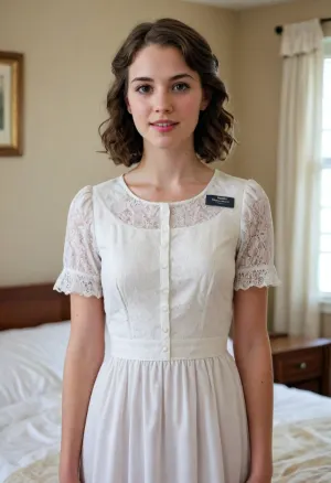 A beautiful 21 year old woman, American, perfect skin, Mormon missionary, short length brunette hair, wavy hair, wearing a plain and modest church dress, nametag, standing in a bedroom, <lora:Mormon_Sister_Missionary:.8>