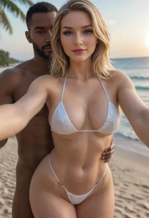(masterpiece, best quality), explicit interracial couple caressing on the tropical beach., (Cover of a fashion magazine), French woman, blonde hair, facing the camera, 40 years old, (beautiful:1.8), (Molly Carlson), (curvy:1.7), ((fertile goddess)), wide hips, big bubble butt, thick thighs, dressed, red string bikini, (G-string XL), covered breasts, protruding nipples, (small, natural, teardrop breasts), (C cup breasts), arm outstretched taking the selfie, perfect heavy makeup, red lipstick, seductive eyes, wry smile, looking at the viewer, closed lips, sexy head-tilt, S-curve model pose, perfect detailed hands, wedding ring, (((embraced from behind))), his hands are caressing her body, 1man, (((male model face))), black African, black skin, swimwear, naked torso, muscular, athletic, bulging brutish muscles, holding her hips, (caressing:1.6), big cock . Beach, sea, sand, sunny sky, hot midday setting, energetic tone, selfie, close-up, perpendicular side view, sunlight lit from the front, sunlight reflecting off skin, captured with a Leica M10, Leica Summilux 50mm f/1.4 lens, sharp focus, best shadow, score_9, score_8_up, 8K, UHD, clear image, extremely sharp, extremely detailed, extremely intricate detail, high res, ultra-high-definition, highly detailed, ultra-sharp textures, finely detailed, perfect skin texture, hyperrealistic lighting, professional photography, full dynamic range, deep contrast, high clarity, realistic depth of field, HDR, perfect exposure, smooth gradients, volumetric lighting, natural reflections, ultra-fine details, realistic skin pores, individual hair strands, bokeh, soft shadows, color-graded, dvr-shrp, sexy ass, small, shadow, minimalism, <lora:attractive_notrigger:1.5>, <lora:WildcardX-XL-Detail-Enhancer:1.5>, <lora:EnvyShadowMinimalismXL01:1.5>, <lora:EnvyThiccXL02:1.5>, <lora:NSFW_Reality_Engine_XL05:1.5>
