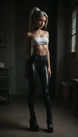 (score_7_up, score_8_up, score_9, 1girl, solo, masterpiece), ((long white ponytail:1.5)), (shy seductive face:1), ((black denim tight pants)), 25yo girl, (((athletic skin body))), (narrow waist:1.4), ((hip gap)), (skinny legs), (black latex wide choker), (wet skin:1.5), ((into the office)), (oiled skin:1.3), (chiaroscuro lighting:.5), erected nipples, (big perky boobs:1.3), (face close up), (((standing))), ((white micro tube-top:1.4)), (full body view), black high platform boots, (underboobs), (very narrow top:1.5), (makeup:1.5), hand, <lora:sunnyrayyxo_v1_SDXLBase:.4>, <lora:dark:.4>, <lora:HandFineTuning_XL:1>, <lora:attractive_notrigger:.8>