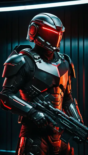 warrior of the future, high-tech black armor, face completely hidden by a helmet, helmet visor glows red, very aggressive overall appearance, holding a laser rifle, full body in frame, side view