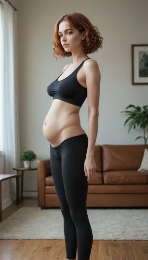 side view, beautiful waist, A skinny girl with big silicone boobs and a silicone ass is doing yoga in the lotos pose in the living room, The girl looks young, has a cute face, red hair, a lush curly hairstyle, hair slightly covers her face, is partially undressed, is wearing sexy sportswear, (leggings), a short top, tight clothes, a very narrow waist, ribs removed, large silicone round breasts, an expressive beautiful face, the best quality image is drawn in details, the skin texture is at the highest level, beads of sweat, (detail:1.8), (sagging soft belly:1.4), (image clarity:1.2)