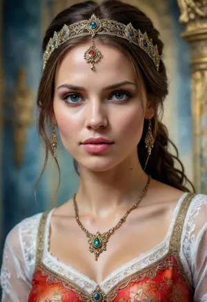 Lara Croft, Portrait of a Russian beauty in national costume, lace filigree of bright, rich color. Super clear, highly detailed watercolor, glaze technique, plus colored alcohol ink, style of V. Vasnetsov