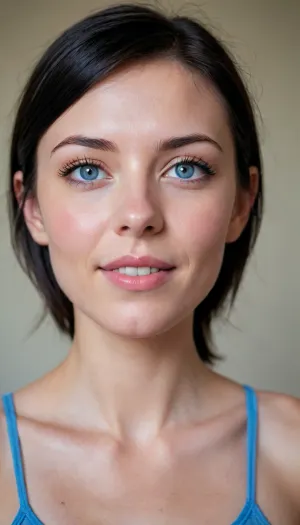 Subject, a person with head and shoulders visible, (bare), three-quarter view.
Light blue eyes, square face. Long, very hooked and pointed nose, thin lips, smiling. Black hair, boyish cut with bangs. Ear, one ear is visible on the left side of the image. Skin, fair complexion visible on the neck and upper shoulders. Background, light-colored wall. Light, soft and natural lighting, no sharp shadows.