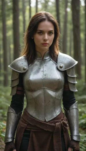 A 20-year-old slender European woman with long black hair and warm brown eyes, wearing elegant yet functional magical armor. The armor is minimalistic—covering only essential areas for mobility and combat—crafted with smooth, seamless plates that follow the body’s contours. The armor color transitions seamlessly from deep black at the top to soft rose pink at the lower edges, with subtle metallic sheen and faint glowing magical runes etched into the surfaces. Her expression is calm but focused, standing confidently in a sun-dappled ancient forest with tall trees, moss-covered ground, and soft ambient light filtering through the canopy. The image is rendered in ultra-realistic style, mimicking a professional 4K photograph taken with a high-end DSLR camera, (Canon EOS R5 or equivalent), using a shallow depth of field, (f/1.8), natural lighting, and cinematic composition. Sharp focus on the subject, bokeh background, photorealistic skin texture, detailed hair strands, and realistic fabric/metal materials.