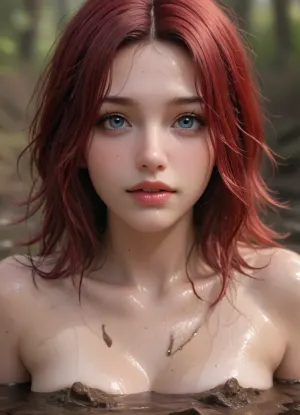 fat woman with thick, large, round lips, long red hair, muddy hair in her face, very sweating, wet, very hot, wet face, swamp, sinking in deep mud in a mud hole, happy, completely covered with mud, <lora:Chubby BBW - XL:1.9>, <lora:runga_8.1-000002:1.8>