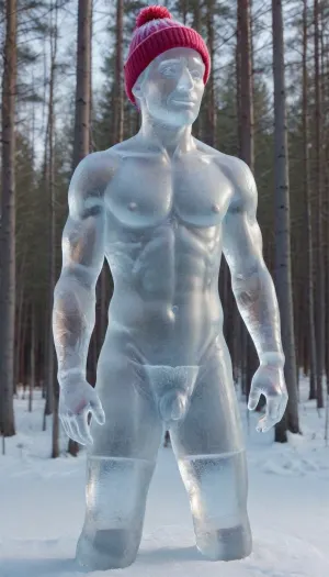 Ice sculpture of a naked man. Iceman. Man made of ice, Transparent body Wearing colorful winter scarf, PEIceSculpture, sculpture, Penis. Dick. Winter hat. Winter accessories. Has a cock between his legs, solo male, stroking his dick, outdoors, ais-icebaby, made, of, cock and balls, dick, testicles, masturbation, ice, penis, <lora:PE_IceSculpture:2>, <lora:Ice_Style_SDXL:2>, <lora:Ice:2>, <lora:xpenis-1.5e:.1>, transparent skin, made entirely of ice