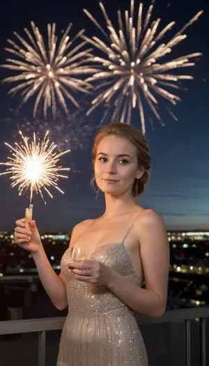 A 25-year-old danish woman, in evening dress, showing nipples, holding a glass of champagne, a firework display above the central Aarhus, NEGATIVE_HANDS